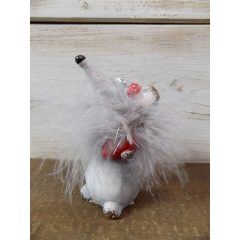   Kerámia egér toll gallérral piros szívvel és masnival. 11x5  /k1/