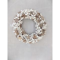   Fehér hóbogyós koszorú, karácsonyi ajtódísz, nyírfa csillagokkal ∅:27cm 