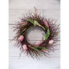 Tavaszi ajtódísz/kopogtató tulipánnal, ágakkal 40-45cm