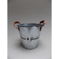 Bádog kaspó bőr füllel felirattal Ø:13x12  (k1)