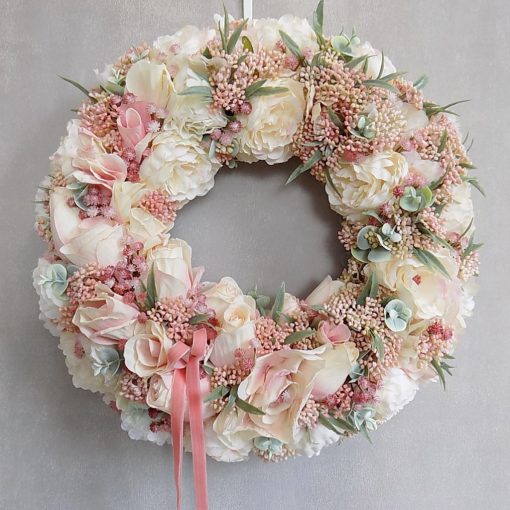 Barackrózsaszín selyemvirág koszorú ∅:40 cm