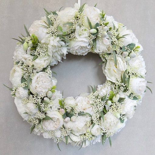 Fehér selyemvirág ajtódísz/kopogtató ∅:40cm