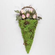 Drót virágtartó tulipánnal, ágakkal, falidísz, ajtódísz. 50x20 cm