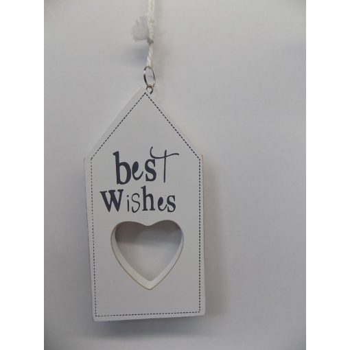 Akasztós fa dísz, fehér ház szívvel"best Wishes"16x8x1cm  +